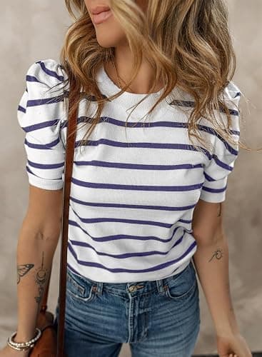 Dokotoo Women's Short Puff Sleeve Knit Tops 2026 Trendy Crewneck Striped T Shirts Casual Summer Blouses thumbnail 3