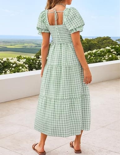 ZESICA Women's 2026 Boho Summer Dresses Gingham Puff Sleeve Square Neck Flowy Beach Midi Dress thumbnail 3