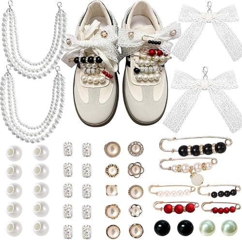 Lospfo 44PCS Shoe Charms for Sneakers Rhinestone Charms for Women Peals Beaded Chain for Shoes DIY Cute Bow/Clips/Jewelry/Pins Shoelace Charms Decoration Shoe Accessories for Gift - Image 1