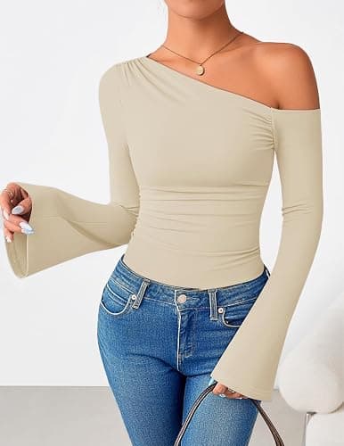 ZESICA Women's Off Shoulder Bell Long Sleeve Going Out Tops | Fitted T-Shirt, Asymmetrical Top, Ruched, 2026 Fall Fashion, Trendy Tops, Date Night, Y2K Outfits, Business Casual, Clothes thumbnail 9