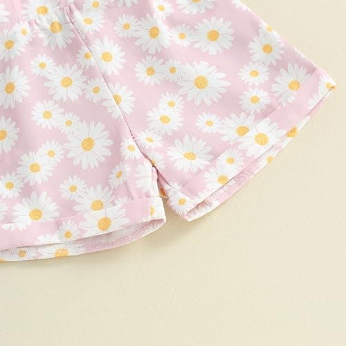 Lucikamy Toddler Baby Girls Summer Outfit Short Sleeve Ribbed Tops + Flower Suspender Overalls Shorts Set Kids Cute Clothes thumbnail 5
