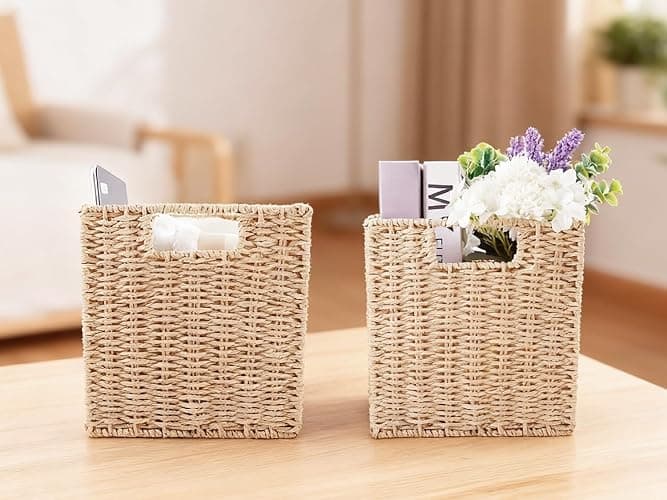 YAHUAN Foldable Paper Rope Storage Cubes 9X9 Hand Woven Wicker Storage Bins Square Basket Storage Baskets for Shelves (Paper rope 2-pack) thumbnail 6
