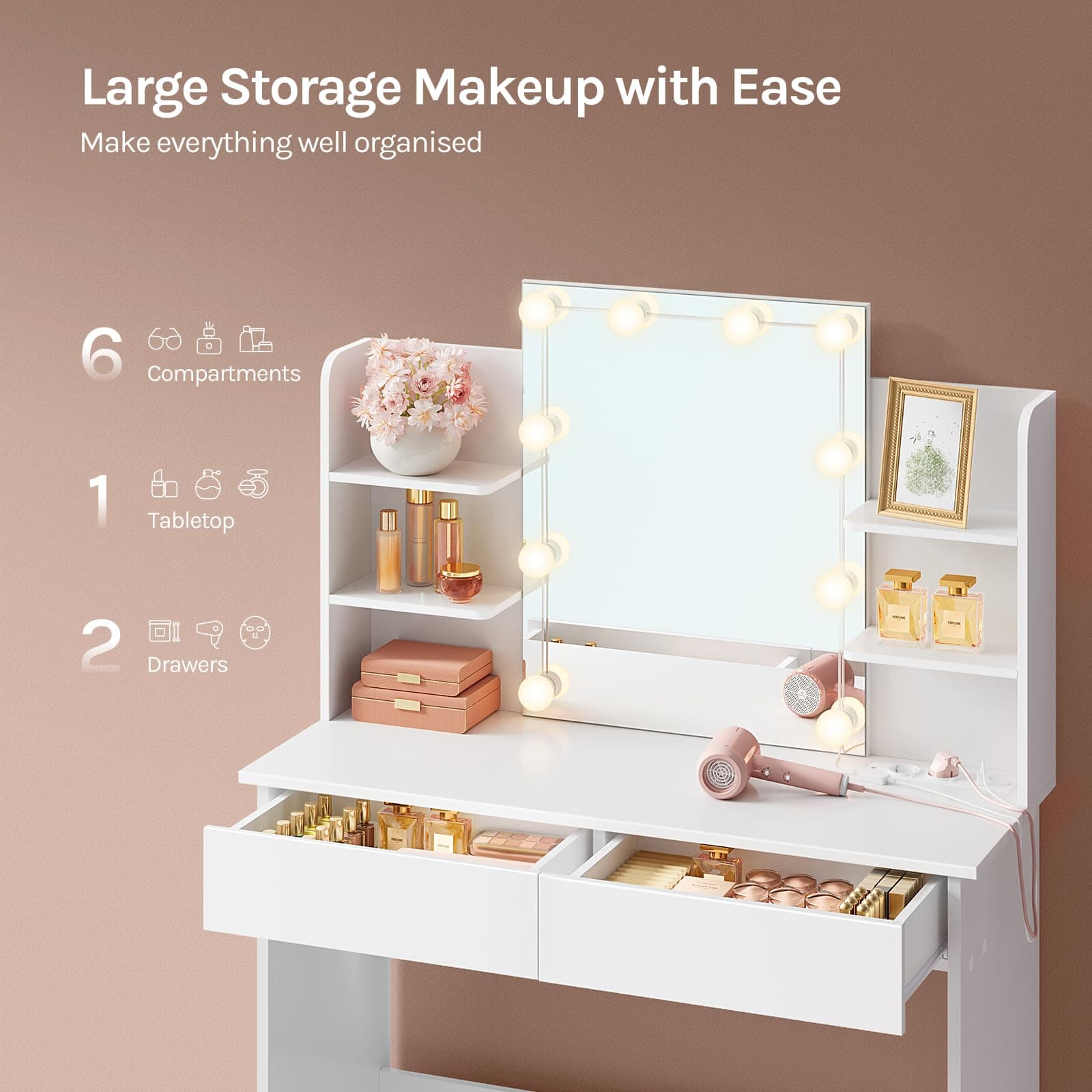 WOLTU 10-Bulb Dressing Table, LED String Light White Vanity Unit with Mirror, Power Strip, 2 Drawers, 4 Shelves, 90 x 40 x 135 cm, MB6123ws thumbnail 6