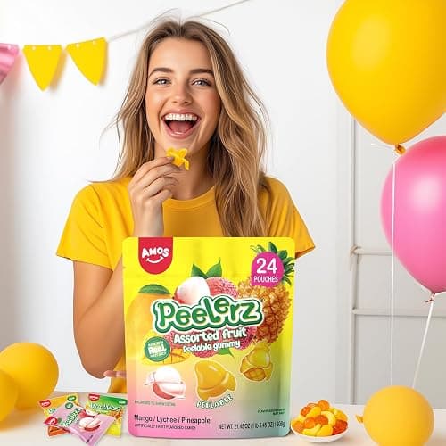 Amos Peelerz Assorted Peelable Gummy Variety Pack – Mango, Lychee & Pineapple | 24 Individually Wrapped Packs (608g) | Fun, Chewy, Shareable Treat thumbnail 6