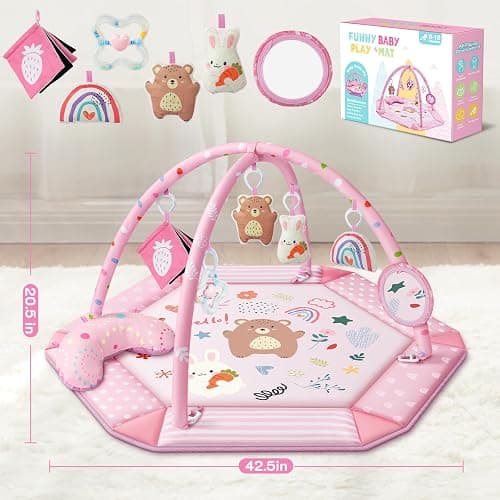 Baby Gym Play Mat, 8-in-1 Tummy Time Mat & Ball Pit with 6 Toys, Washable Baby Activity Mat for Visual, Hearing, Sensory, Motor Development, Babies Gift for Newborn Infant 0-3-6-9-12 Months (Pink) thumbnail 3