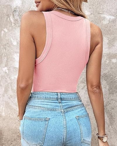 CHICME Women Built-in Bra Tank Tops Sleeveless Casual Shirts Racerback Ribbed Fitted Tank Tops thumbnail 3