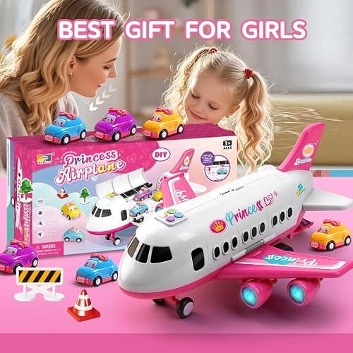 Pink Airplane Toy with Princess Cars and Play Mat,Plane with Lights and Sounds for 2 3 4 5 6 7 Year Old Toddler Girls,Birthday Gift Idea for Kids thumbnail 7