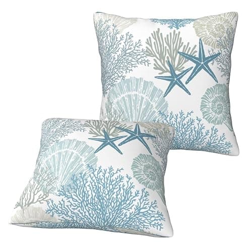 Tebjh Nautical Coastal Beach Pillow Covers 18x18 Set of 2, Ocean Themed Seashell Coral Starfish Throw Pillow Covers Outdoor Decorative Pillow Case for Couch Bed Sofa Cushion Home Decor thumbnail 9