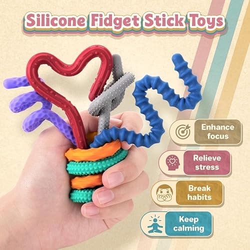 Sensory Fidget Toys for Kids: Textured Silicone Fidget Stick 6 Pack, Sensory Toys for Autism ADHD, Calm Down Travel Airplane Toys, Easter Basket Stuffers thumbnail 2