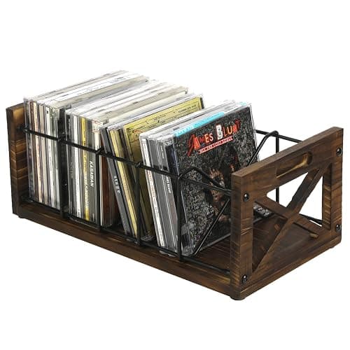 FARM IN CD Storage Holder, 5-Slot Farmhouse Industrial CD & DVD Storage Rack with Handles, Barn Door “X-Cross” Design, Rustic Solid Burnt Wood and Black Metal Wire - Image 1