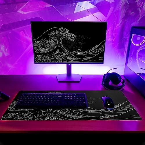 Brecoy Japanese Sea Wave Large Mouse Pad, Anime Black Gaming, Extended Kanagawa Mat Desk Pad, 3mm Thick Long Non-Slip Rubber Base Mice Pad, 31.5 X 11.8 Inch thumbnail 2