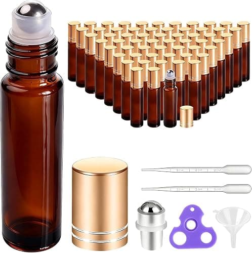 PrettyCare 60 Pack, 10 ml Essential Oil Roller Bottles with Stainless Steel Roller Ball - Bulk Refillable Leak-proof Empty Thick Amber Glass Roll on Bottles with Metal Caps for Travel, Perfume - Image 1
