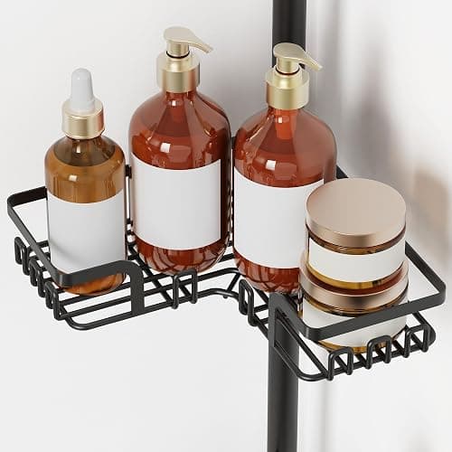 ZUNTO Tension Pole Shower Caddy with 2 Towel Holder and Hooks for Bathroom, Adjustable 25in-114in Floor to Ceiling Shower Organizer, Standing 4 Tier Corner Shelves for Storage and Hanging, Matte Black thumbnail 5