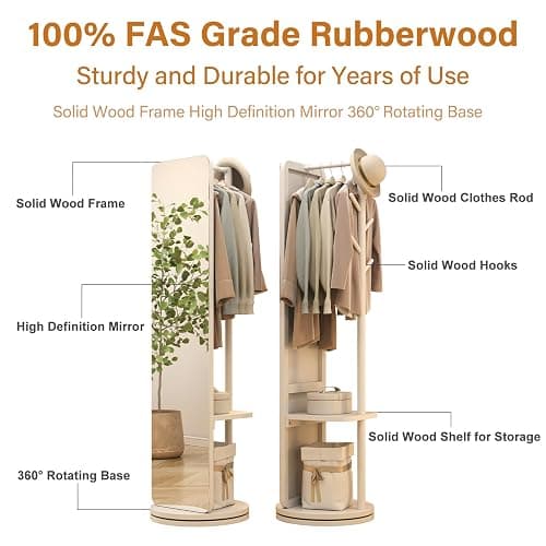 AnywaysWood 70"x19"Full Length Mirror with Stand,Coat Rack with Mirror,Solid Wood Floor Mirror,Swivel Mirrorfor Bedroom, Living Room, Cloakroom thumbnail 5