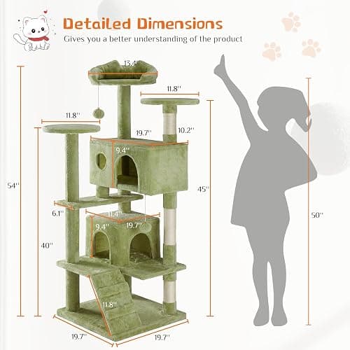 Sweetcrispy 54 Inch Cat Tree Tower, Multi-Level with Cat Scratching Post, Indoor Cat Condo with Climbing Ladder, Plush Toy, Play House for Cat, Green thumbnail 7