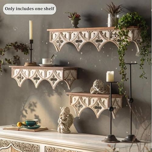 HOLMZCED Retro Wall Shelf with Hollow Carving Patterns, Wood Floating Shelf Decorative Wall Mounted Shelf Vintage Hanging Storage Rack Space Saving for Wall Decoration thumbnail 3