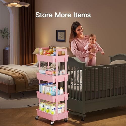 Pipishell 4 Tier Rolling Cart Organizer, Plastic Rolling Cart with Lockable Wheels & Reinforced Handle, Lightweight Utility Storage Cart for Nursery, Kitchen, Craft Room, Pink thumbnail 4