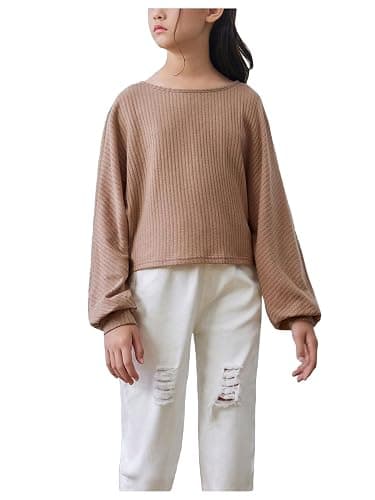 SweatyRocks Girl's Long Sleeve Ribbed T Shirt Round Neck Loose Pullover Tops thumbnail 5
