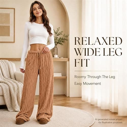 Women's Fuzzy Pajama Pants, Fluffy PJ Pants, Fleece Drawstring Wide Leg Fit | Plush Pajama Pants, Fluffy Fleece Feel, Drawstring Elastic Waist, Relaxed Wide Leg Fit, Cold Weather Lounge And Sleepwear thumbnail 5