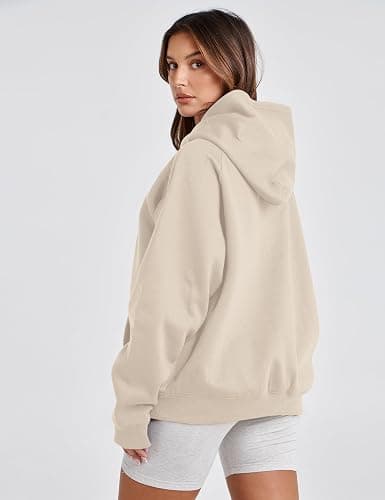 Lauweion Women Solid Basic Fleece Letter Loose Hoodie Sweatshirt Long Sleeve Kangaroo Pocket Drop Shoulder Pullovers Top thumbnail 3