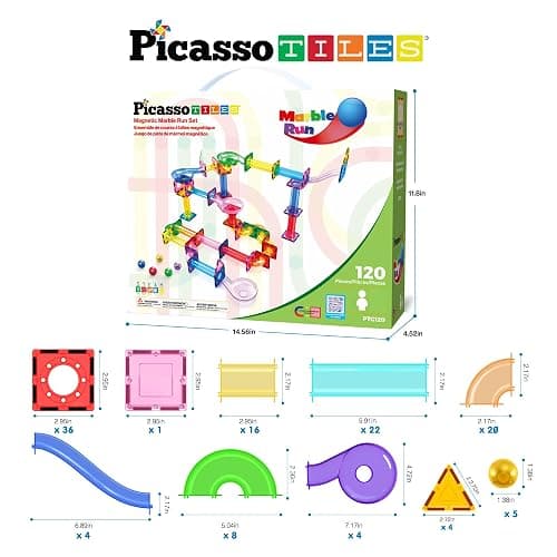 PicassoTiles 120pc Magnetic Tile Marble Run Set STEM Construction Toy with Track Building Blocks Educational Learning Compatible for Brain Development Creativity Coordination Kids Age 3 Plus PTG120 thumbnail 2