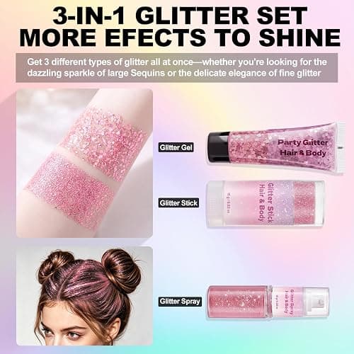 3-in-1 Body Face Hair Glitter Set, Pink Glitter Gel & Glitter Stick & Glitter Spray, Waterproof Women Makeup for Halloween Concert Festival Rave Accessories thumbnail 3