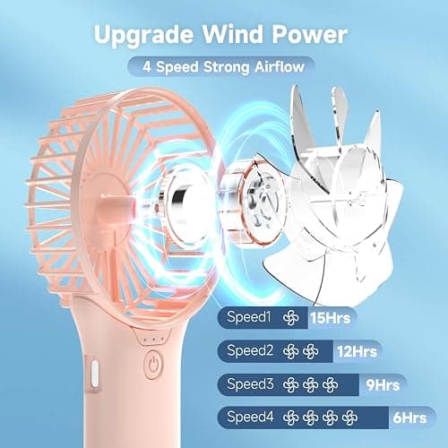 QQT Mini Handheld Fan,4 Speed Adjustable Portable Battery Operated Fans,USB Rechargeable Desk Fan with Mirror,Max 20 Hrs Hand Fan For Travel Office Outdoor Women Men (Pink) - Pink thumbnail 3