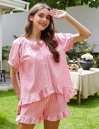 PEHMEA 2 Piece Gingham Pajama Sets for Women Summer Outfits 2026 Plaid Babydoll Shirt Ruffle Shorts Lounge Pjs thumbnail 5
