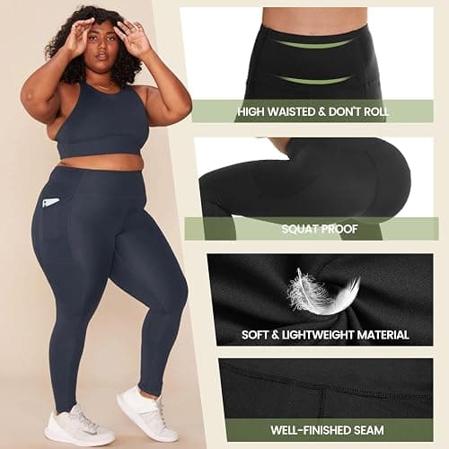 HLTPRO 3 Pack Plus Size Leggings with Pockets for Women - Black High Waisted Tummy Control Soft Yoga Pants for Gym Workout thumbnail 3
