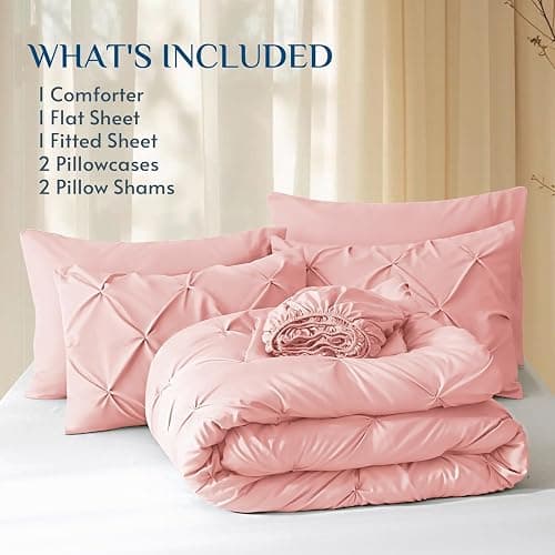JOLLYVOGUE Queen Comforter Set 7 Pieces - Bed in a Bag Queen for All Season, Pintuck Bedding Comforter Sets with Comforter, Flat Sheet, Fitted Sheet and Pillowcases & Shams, Pink thumbnail 5