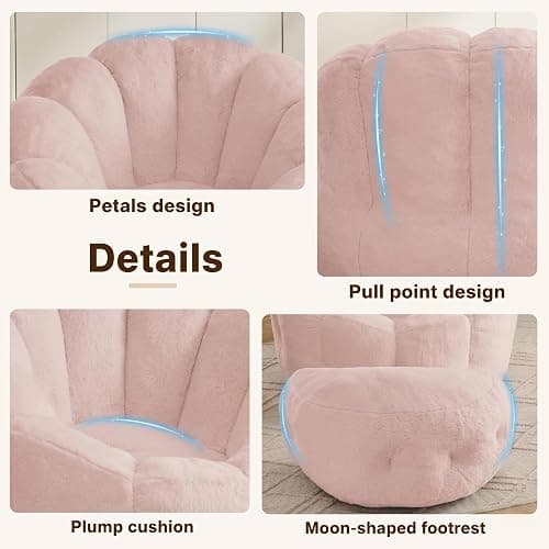 Mofolit 46" Oversized Flower Bean Bag Chair with Ottoman for Adults,Large Cozy Beanbag Chair with Artificial Rabbit Fur Fabric,Boneless Sofa for Living Room,Reading Room and Apartment. (Pink) thumbnail 7