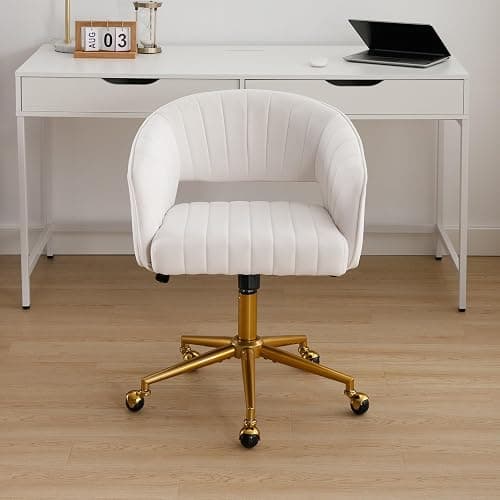 Westice Home Office Desk Chairs, Modern Velvet Rolling Chair, Height Adjustable Swivel Vanity Chair with Golden Base, Ergonomic Chair for Vanity Study, Living Room Computer Room, Beige thumbnail 2