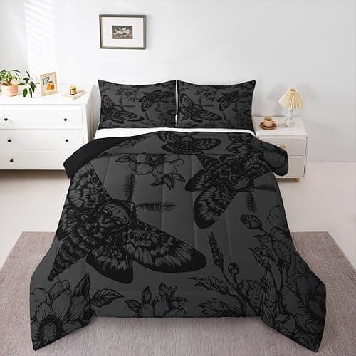 Feelyou Death Moth Comforter Set Full Size Kids Skull Decor Duvet Quilt for Boys Girls Teens Gothic Goth Skull Halloween Boho Moth Floral Black Grey Bedding Set Soft Lightweight Room Decor 3Pcs - Image 1
