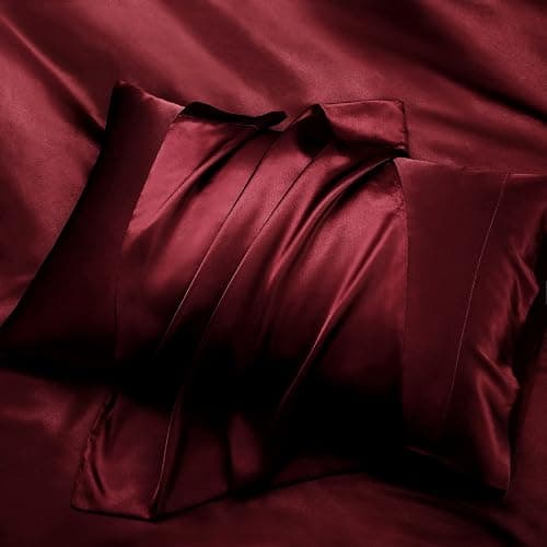 P Pothuiny 6 Pieces Queen Satin Sheets Luxury Silky Burgundy Satin Bedding Sheet Set, 1 Deep Pocket Fitted Sheet + 1 Flat Sheet + 4 Pillow Cases thumbnail 4