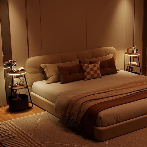 ARTETHYS Side Table with Charging Station, Small Round Coffee Table with 3 Colour LED Lights and Storage Basket, End Table with 3 Tier Shelves, Bedside Sofa Side Tables for Living Room Bedroom thumbnail 8