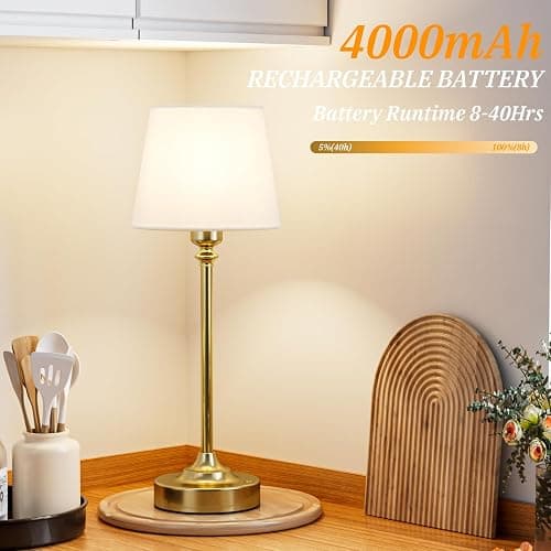 Cordless Table Lamp Rechargeable Gold - 1 Pack Brass 4000mAH Battery Operated Lamp for Decor, 3000K Stepless Dimming Touch Control Wireless Lamp for Bedroom, Dining Table, Counter, Living Room thumbnail 3
