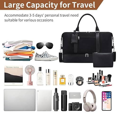 Oeihuivt Weekender Bags for Women - 21 Inch Large Travel Duffel Bag 2-Piece Set with Shoe Compartment, Heavy-Duty Canvas Leather Carry On Overnight Tote thumbnail 3