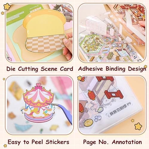 Wnqou 20 Sets DIY 3D House Stickers Collection Book, 3D Scene Miniature, Miniature Simulated Cabin Scene Game, Cute Cartoon Stickers for Adults and Kids, Fun Room Sticker Material Book for Girls thumbnail 4