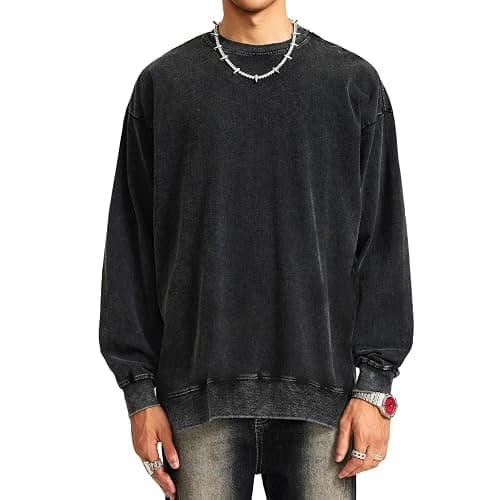 BINTEHGS Mens Oversized Vintage Sweatshirts Acid Wash Plain Crewneck Sweatshirt Streetwear Unisex Distressed Couple Pullover thumbnail 2
