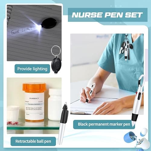 MotiMind 6 Pcs Nurse Pen Set Rn Badge Accessories Essentials, Black | Nurse Marker Pen, Retractable Ballpoint Pen, Keychain Clip, Foldable Scissors, LED Flashlight, Nurse Accessories thumbnail 4