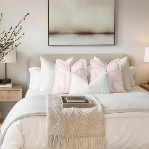 ZWJD Throw Pillow Covers 24x24 Set of 2 Striped Pillow Covers with Fringe Chic Cotton Decorative Pillows Square Cushion Covers for Sofa Couch Bed Living Room Farmhouse Decor, (Pink) thumbnail 3