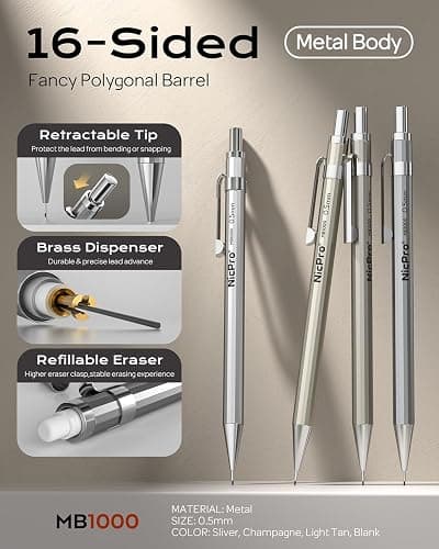 Nicpro 4 Pack Mechanical Pencil 0.5 mm with Case, MB1000 Metal Mechanical Pencil Set with 6 Tube HB #2 Lead Refill 0.5mm, 3PCS 4B Eraser, 9 Cap Eraser for Artist Drafting Writing, Sketching, Drawing thumbnail 3