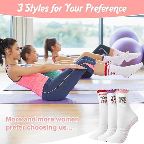 scenicamp 3/6 Pairs Cute Pilates Socks for Women, Ruffle Frilly Yoga Socks Non Slip Cotton Crew Ballet Socks with Embroidery thumbnail 6