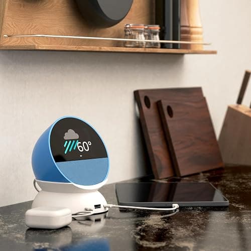 Echo Spot Bundle: Includes Echo Spot | Ocean Blue & Made for Amazon Stand with USB-C and USB-A Charging Ports | Glacier White thumbnail 5