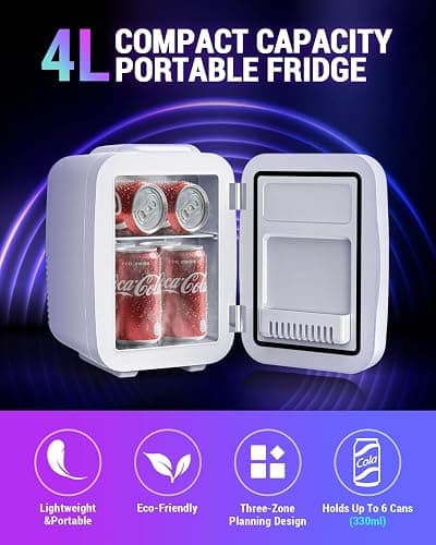 FANSEXPERT Mini Fridge, 4 Liter/6 Cans Small Refrigerator With Dimmable LED Light,AC/DC Portable Mini Cooler and Warmer, Gaming Small Fridge for Bedroom,Office,Gaming Room and Car (White) thumbnail 2