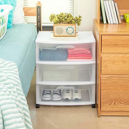 Plastic Storage Drawer Cart, Medium Home Organization Storage Container with 3 Large Clear Drawers With Wheels (White) thumbnail 6