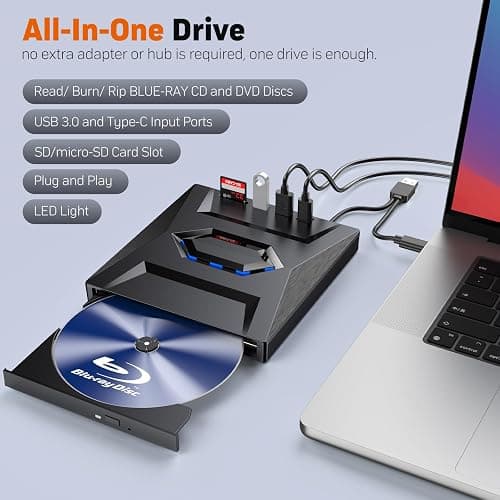 External Blu Ray Drive,Portable Bluray Player Writer Reader,CD Burner with USB 3.0 typc C Port& SD Card,DVD & CD-ROM +/-RW,External Blu-Ray Drives for PC Laptop Desktop Windows Mac Linux Computer thumbnail 5