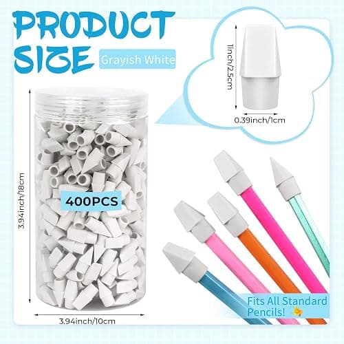 PRALB 400PCS White Pencil Top Eraser Bulk Caps for Pencils,Chisel Shape Erasers Toppers for Party Favors Games Prizes, Pencil Top Erasers Cap for Home School Classroom thumbnail 3