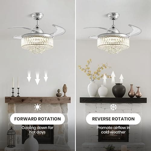 36" Fandelier, Crystal Ceiling Fan with Lights and Remote, Invisible Retractable Dimmable Chandelier Fan, 6-Speed Reversible Timer Ceiling Fan Light Kit for Bedroom Living Room Dining Room-Chrome thumbnail 6