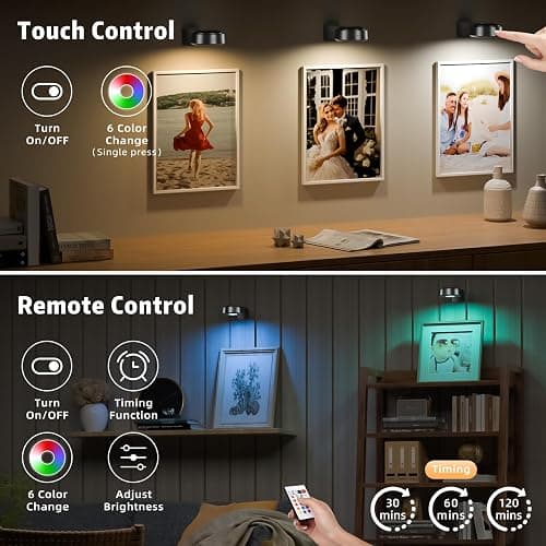 3PCS Picture Lights, Rechargeable Battery Magnetic Poster Lights with 3 Color Temps&12 RGB, Dimmable and Timer Metal Art Light for Display, Wall, Artwork, Gallery (Black) thumbnail 4